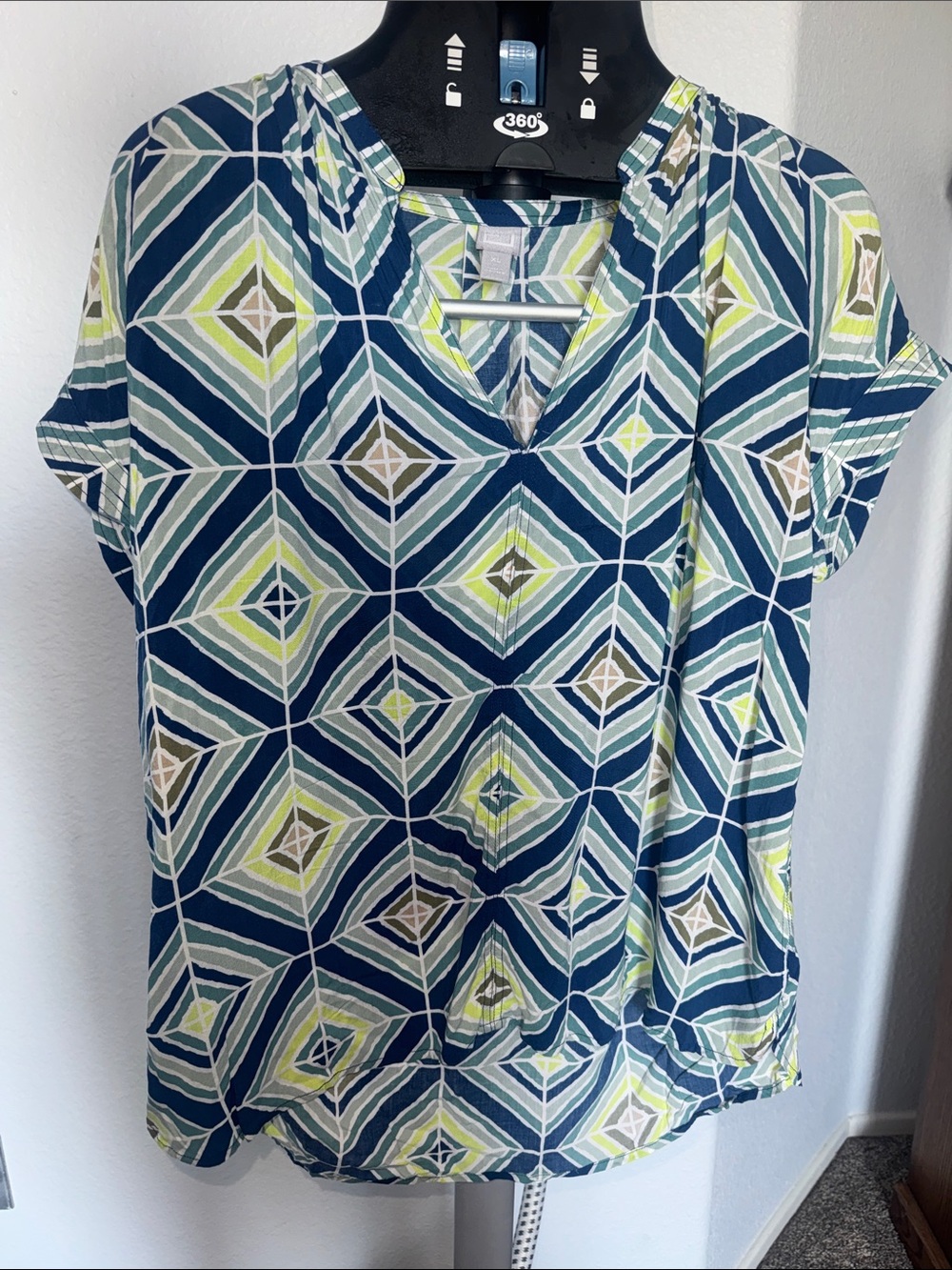 jcpenney Navy Geometric V-Neck Blouse with Lime & Cream Accents